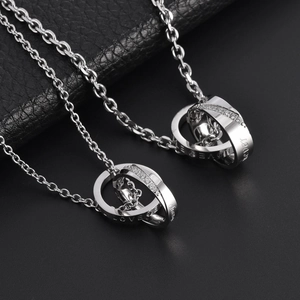 Polished stainless steel double ring necklace with zircon inlay and forever love engraving