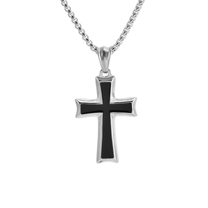 Minimalist stainless steel cross necklace with black enamel inlay and polished finish