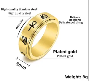 Detail showing the rotating 8mm gold titanium steel ring with ancient Egyptian symbols
