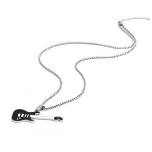 Collar con colgante de guitarra estilo punk negro y plata con cadena de caja de acero