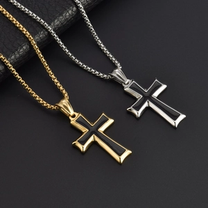 Mens stainless steel cross pendant necklace with black enamel inlay in gold and silver