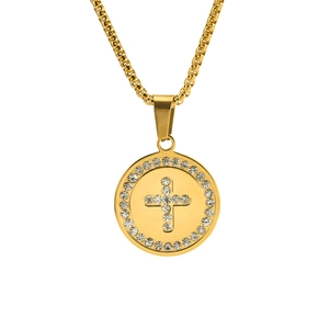 Hip Hop Stainless Steel Rhinestone Round Cross Pendant Necklace For Men Women Fashion Jewelry Religious Gift
