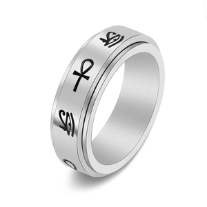 Spinner ring in stainless steel featuring Eye of Horus and Ankh symbols with brushed finish