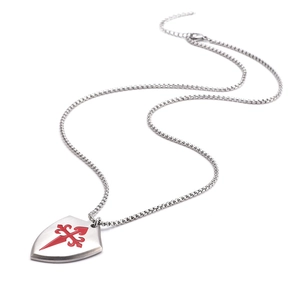 Collier bouclier pour homme en acier titane brossé avec pendentif croix rouge et chaîne