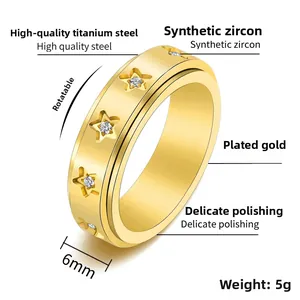 Detail view of 6mm rotatable stainless steel star ring with synthetic zircon stones