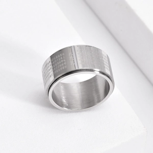 Rotating stainless steel spinner ring with engraved Da Bei Zhou sutra in silver finish