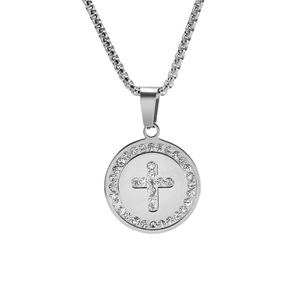 Silver round crystal cross pendant necklace with box chain for men and women