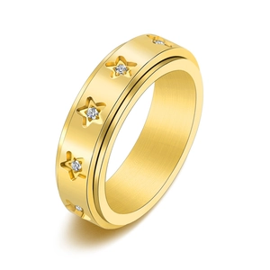 Stainless Steel Star Spinner Ring Inlaid Rhinestone Rotatable Anxiety Relief Band Ring Women Men Fashion Jewelry Gift