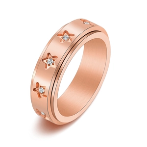 Rotating rose gold stainless steel star ring with sparkling white zircon inlay