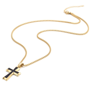 Minimalist gold stainless steel cross necklace for men with black enamel and box chain