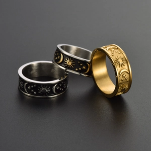 Bohemian celestial sun moon star rings in gold and silver titanium steel finish