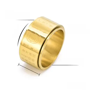 Macro view of 12mm gold titanium steel spinner ring with engraved religious text