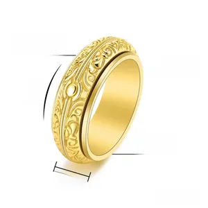 Detail of 8mm gold titanium steel fidget ring showing vintage relief patterns and width