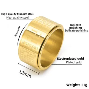 Detail of a rotating gold titanium steel ring with Buddhist sutra and swastika engraving