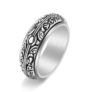 Men Vintage Titanium Steel Rotatable Spinner Ring Baroque Scroll Pattern Relief Punk Band Ring Stress Relief Daily Jewelry