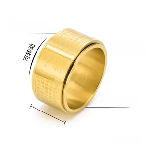 Detailed view of 12mm gold rotatable stainless steel ring with engraved Heart Sutra text