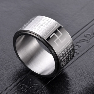 Rotating stainless steel Buddhist heart sutra ring with swastika symbol on black leather