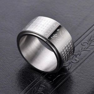 Macro detail of engraved Chinese Heart Sutra on a 12mm wide rotatable steel ring