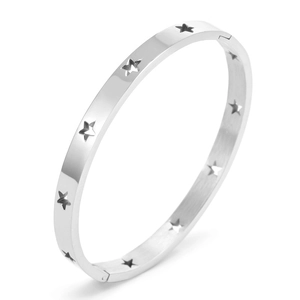Polished silver stainless steel bangle with cutout star pattern and secure buckle clasp