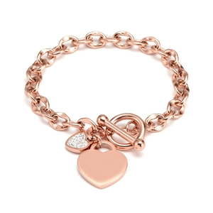 Bracelet Pendentif Double Coeur en Acier Titane Pour Femme Avec Strass Fermoir OT Grosse Chaîne Bijoux Mode