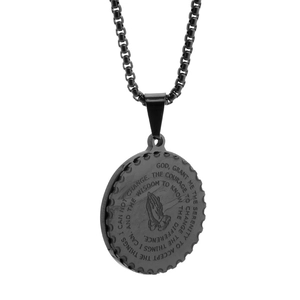 Black stainless steel praying hands necklace with serenity prayer engraved pendant