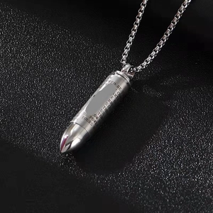 Men's stainless steel bullet pendant necklace with engraved prayer on box chain