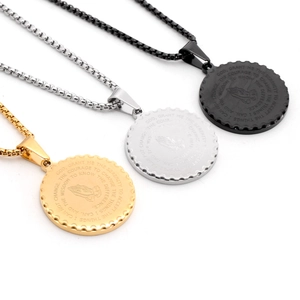 Three-color stainless steel circular praying hands pendant necklaces on box chains