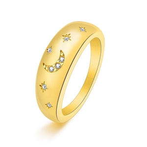 Minimalist Stainless Steel Star Moon Ring For Women Fashion Rhinestone Inlaid Wide Band Ring Jewelry Finger Ring Gift