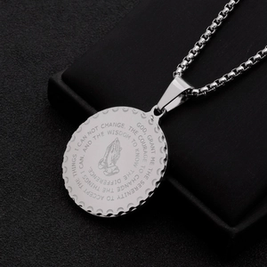 Silver stainless steel serenity prayer necklace with circular praying hands pendant