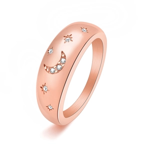 Rose gold stainless steel ring with engraved moon star patterns and sparkling crystals