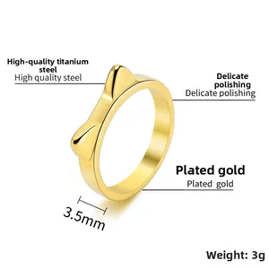 Anello con orecchie di gatto in acciaio al titanio dorato, larghezza 3,5 mm e peso 3 g