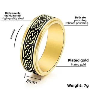 Detail of 8mm gold and black Celtic knot stainless steel spinning ring for men