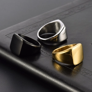 Mens square signet ring set in black gold and silver polished stainless steel finish