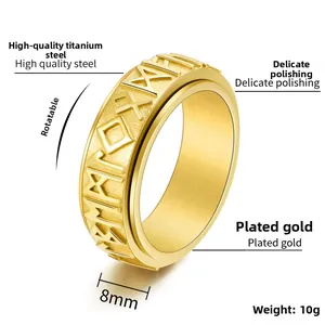 Detail of 8mm gold spinner ring with engraved Norse runes and rotating mechanism