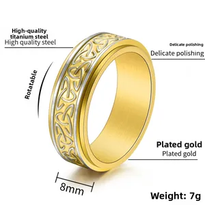 Détail d'une bague rotative de 8mm en acier inoxydable avec motif nœud celtique argent