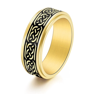 Nordic Celtic knot stainless steel spinning ring in gold finish with black pattern