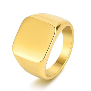 Polished gold square signet ring for men made of durable stainless steel in minimalist style