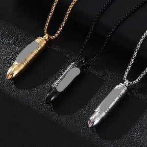Bullet pendant necklace in gold, black, and silver stainless steel with engraved scriptures