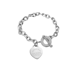 Bracelet en acier inoxydable argenté avec fermoir OT et pendentif cœur gravé de versets