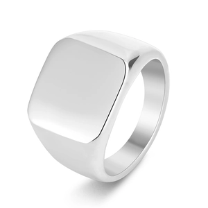 Polished silver square signet ring for men with minimalist flat top stainless steel finish