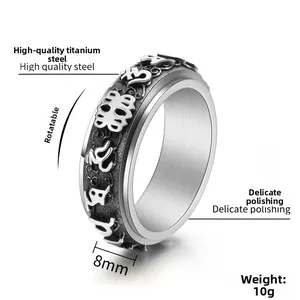 Detail view of 8mm rotatable stainless steel spinner ring with engraved mantras