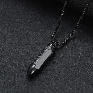 Men's black stainless steel bullet pendant necklace with engraved religious scriptures