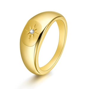 Minimalist Stainless Steel Starburst Signet Ring For Women Inlaid Zirconia 18K Gold Plated Vintage Engagement Wedding Ring