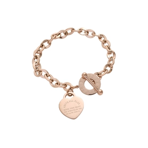 Bracelet en acier inoxydable or rose avec pendentif cœur, fermoir T et gravure mode