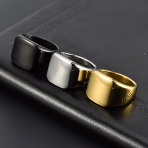 Polished titanium steel square signet rings for men in gold, silver, and black finishes