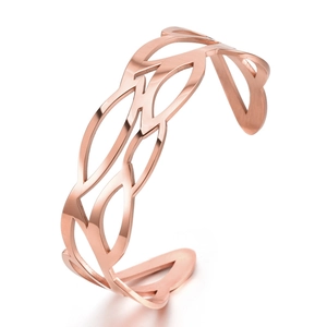 Minimalist Stainless Steel Open Cuff Bangle For Women Hollow Wave Leaf Design Korean Style Elegant Adjustable Jewelry Bracelet Gift