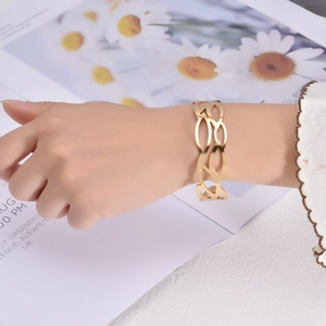 Elegant hollow wave pattern open C-shaped stainless steel bracelet in rose gold finish