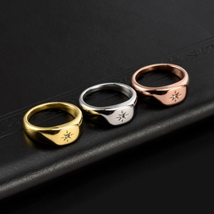 Minimalist 18K gold stainless steel signet rings with zircon starburst engraving