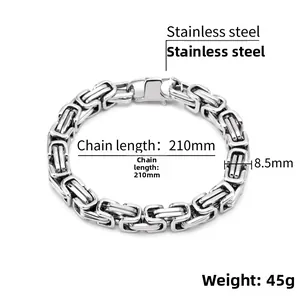 Macro view of 8.5mm wide Byzantine stainless steel square chain bracelet for men