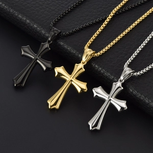 Polished stainless steel cross necklaces in black, gold, and silver finishes for men